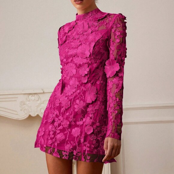 Dresses & Skirts - Hot Pink Elegant Women's Long Sleeve Floral Embroidered Party Dress
